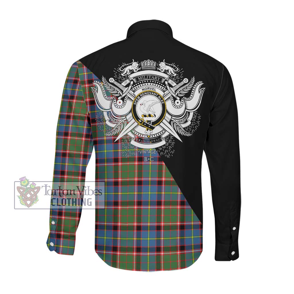 Tartan Vibes Clothing Norvel Tartan Long Sleeve Button Shirt with Family Crest and Military Logo Style