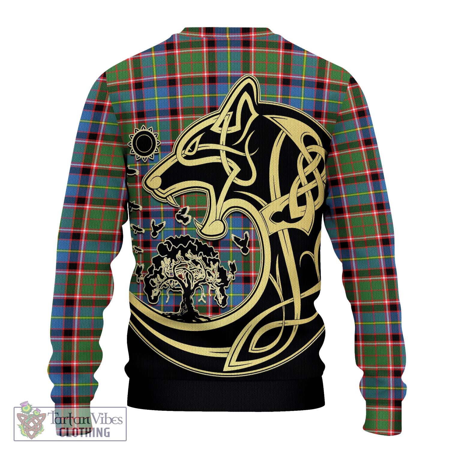 Tartan Vibes Clothing Norvel Tartan Knitted Sweater with Family Crest Celtic Wolf Style