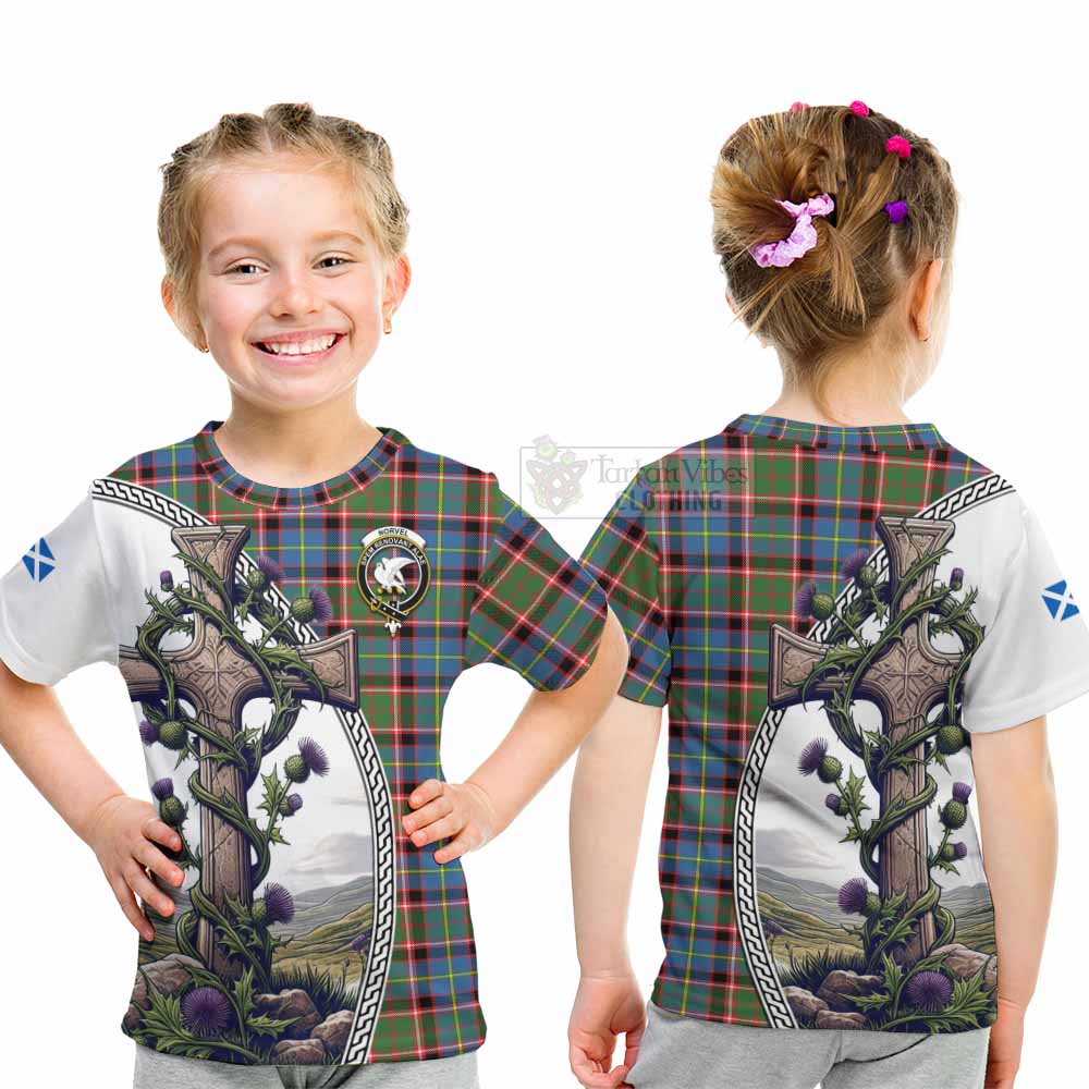 Tartan Vibes Clothing Norvel Tartan Kid T-Shirt with Family Crest and St. Andrew's Cross Accented by Thistle Vines