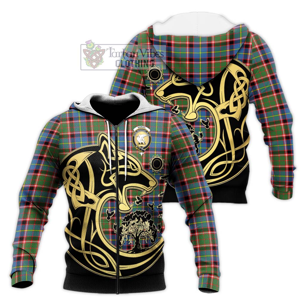 Tartan Vibes Clothing Norvel Tartan Knitted Hoodie with Family Crest Celtic Wolf Style