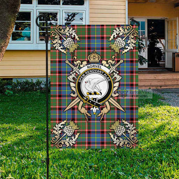 Norvel Tartan Flag with Family Crest and Golden Thistle Crossed Sword Design