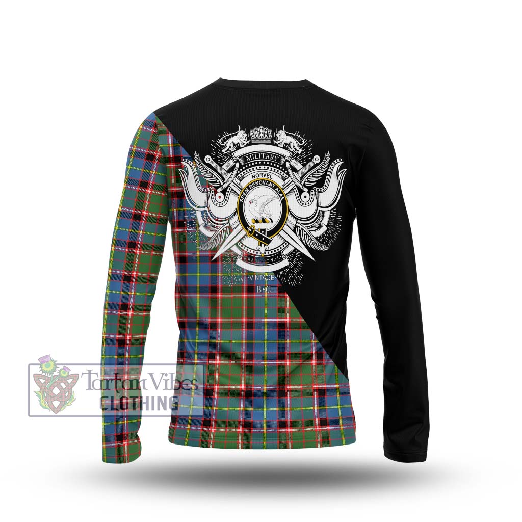 Tartan Vibes Clothing Norvel Tartan Long Sleeve T-Shirt with Family Crest and Military Logo Style