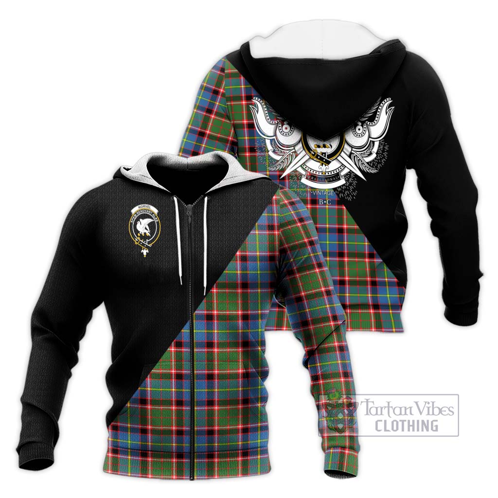 Tartan Vibes Clothing Norvel Tartan Knitted Hoodie with Family Crest and Military Logo Style