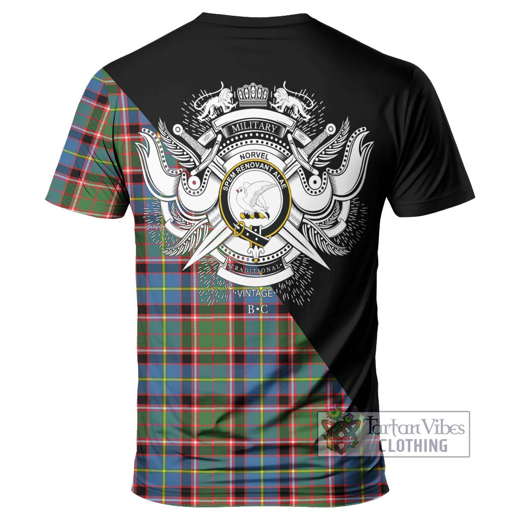 Tartan Vibes Clothing Norvel Tartan T-Shirt with Family Crest and Military Logo Style