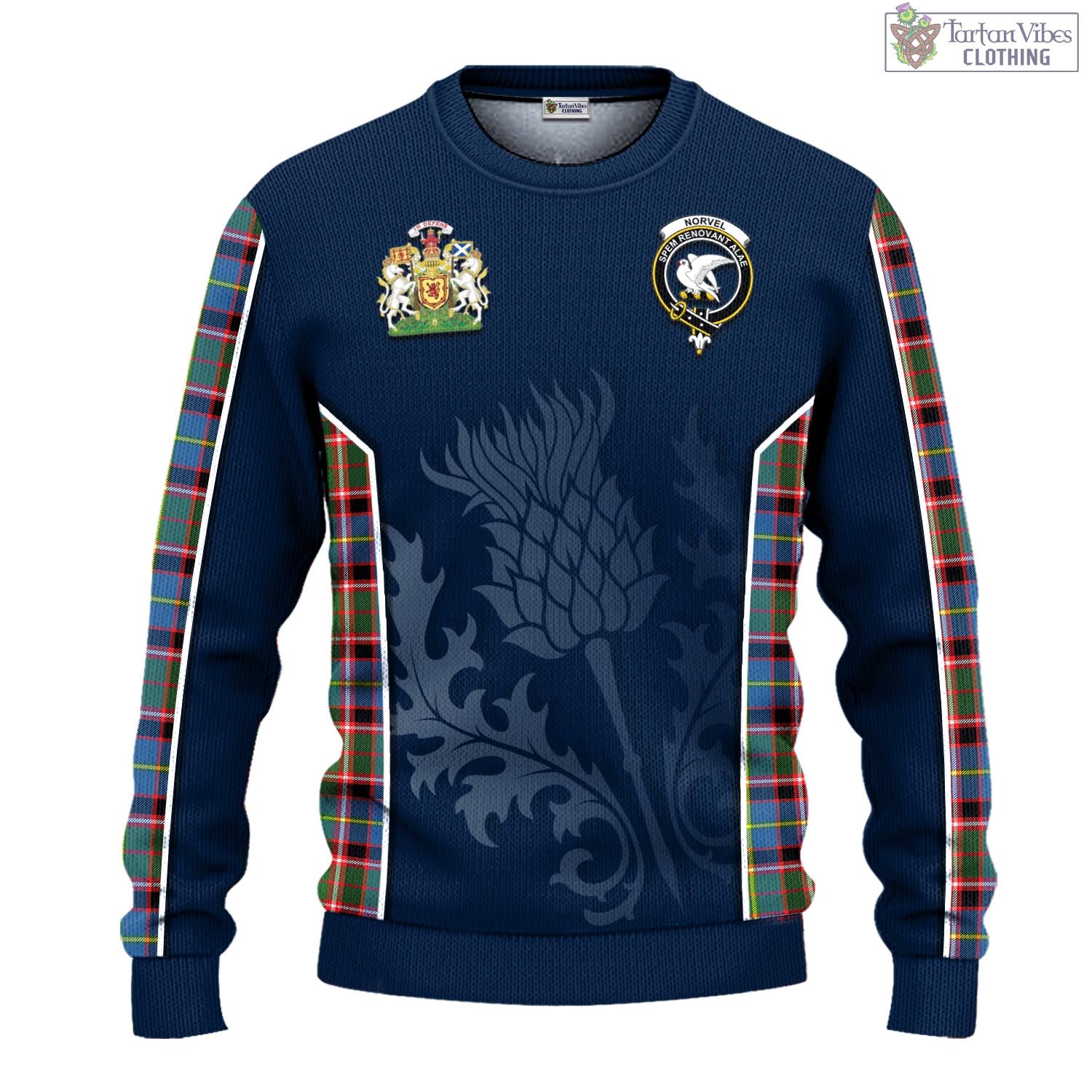 Tartan Vibes Clothing Norvel Tartan Knitted Sweatshirt with Family Crest and Scottish Thistle Vibes Sport Style
