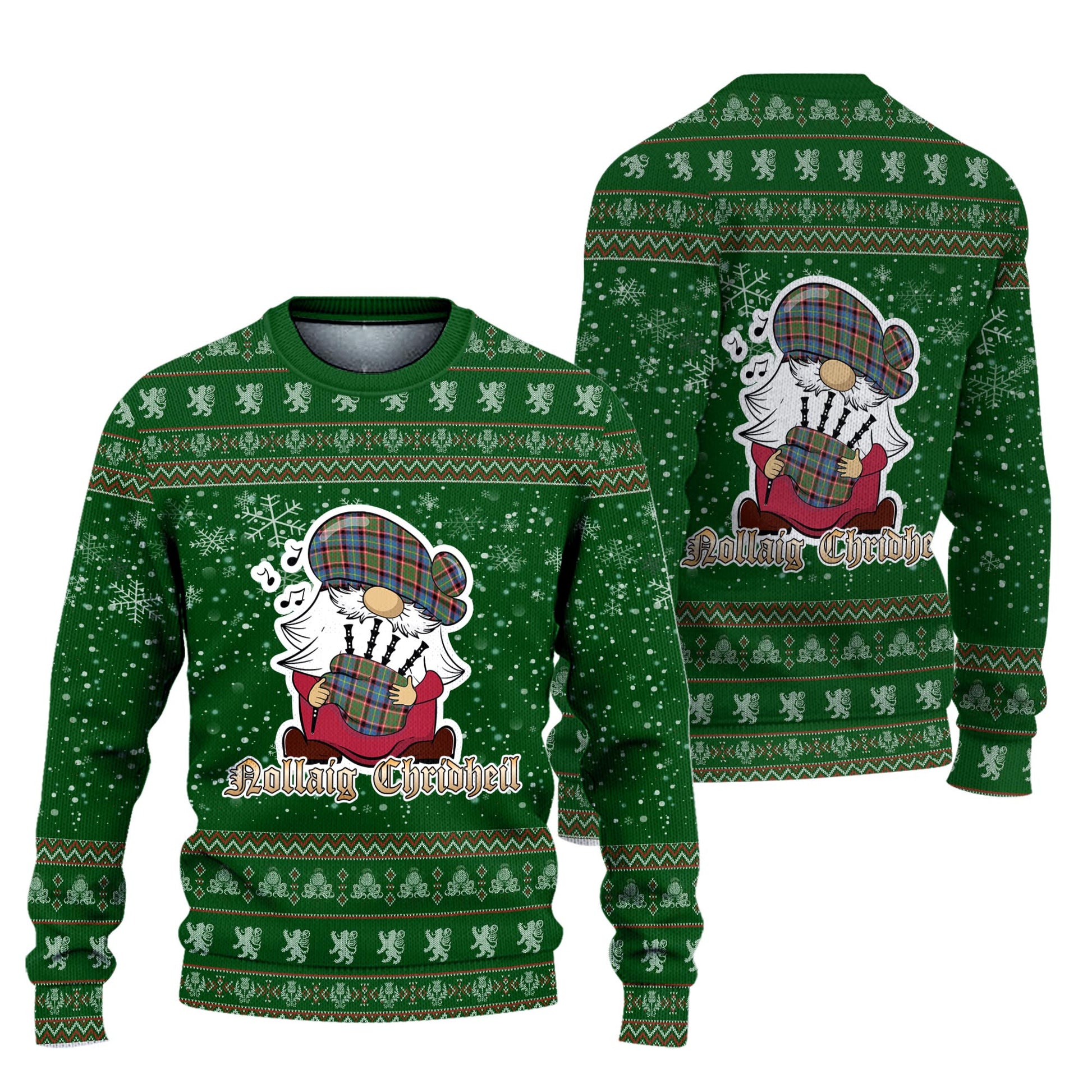 Norvel Clan Christmas Family Knitted Sweater with Funny Gnome Playing Bagpipes Unisex Green - Tartanvibesclothing