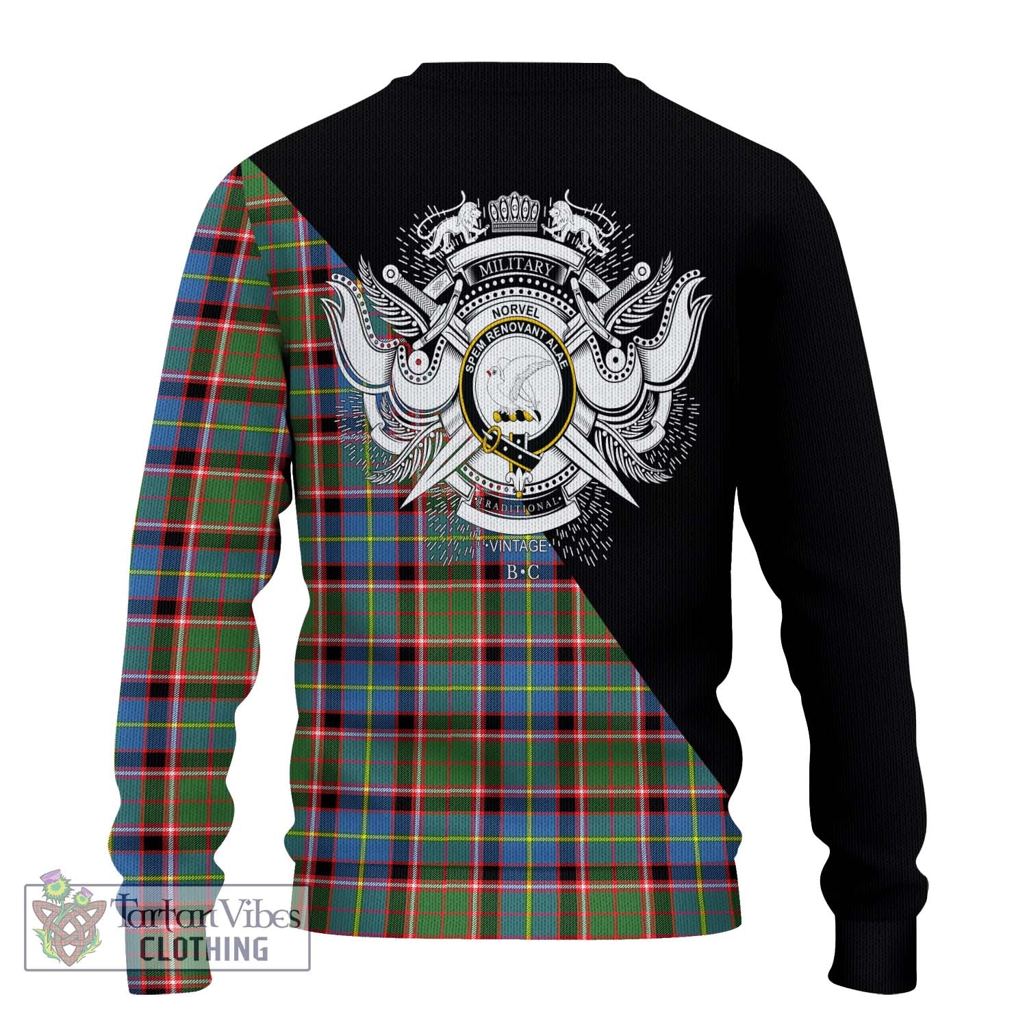 Tartan Vibes Clothing Norvel Tartan Knitted Sweater with Family Crest and Military Logo Style