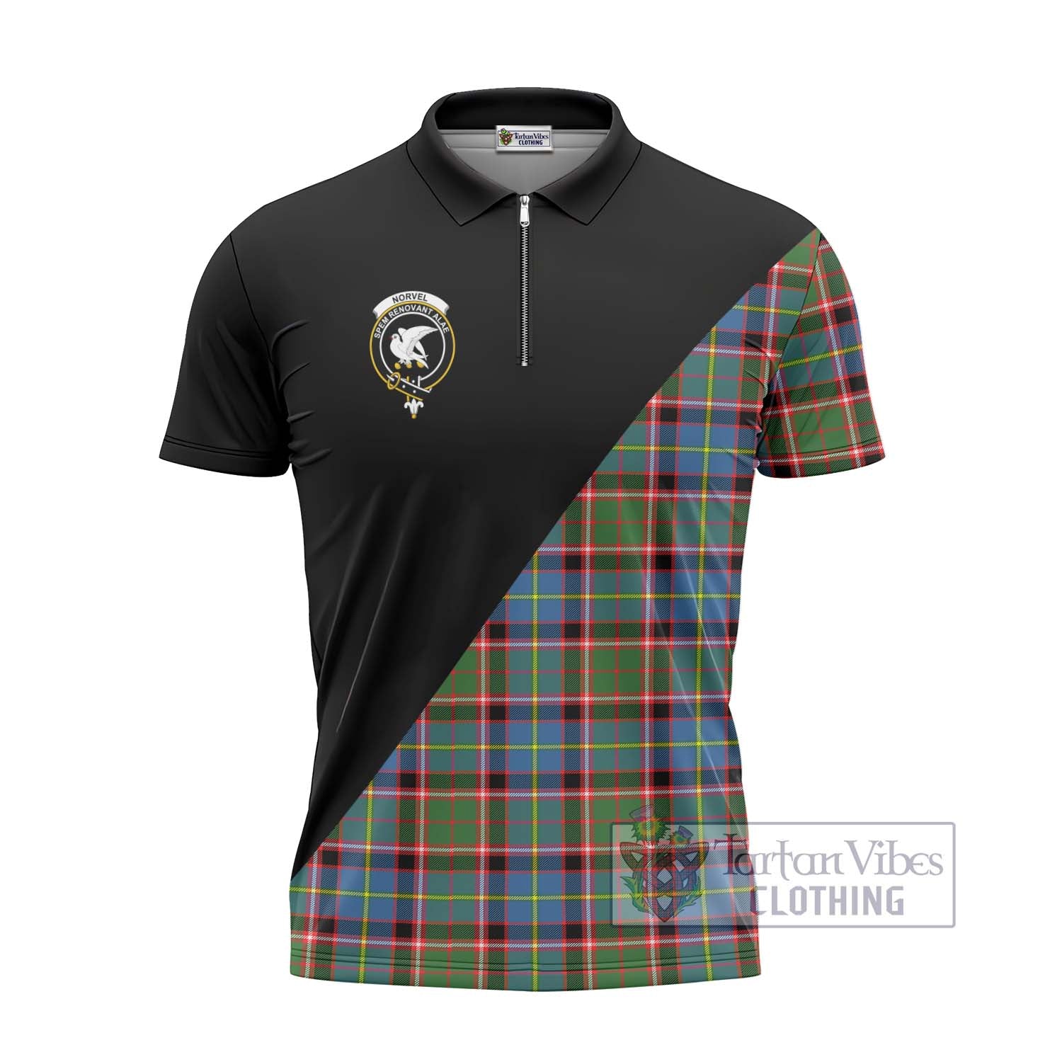 Tartan Vibes Clothing Norvel Tartan Zipper Polo Shirt with Family Crest and Military Logo Style