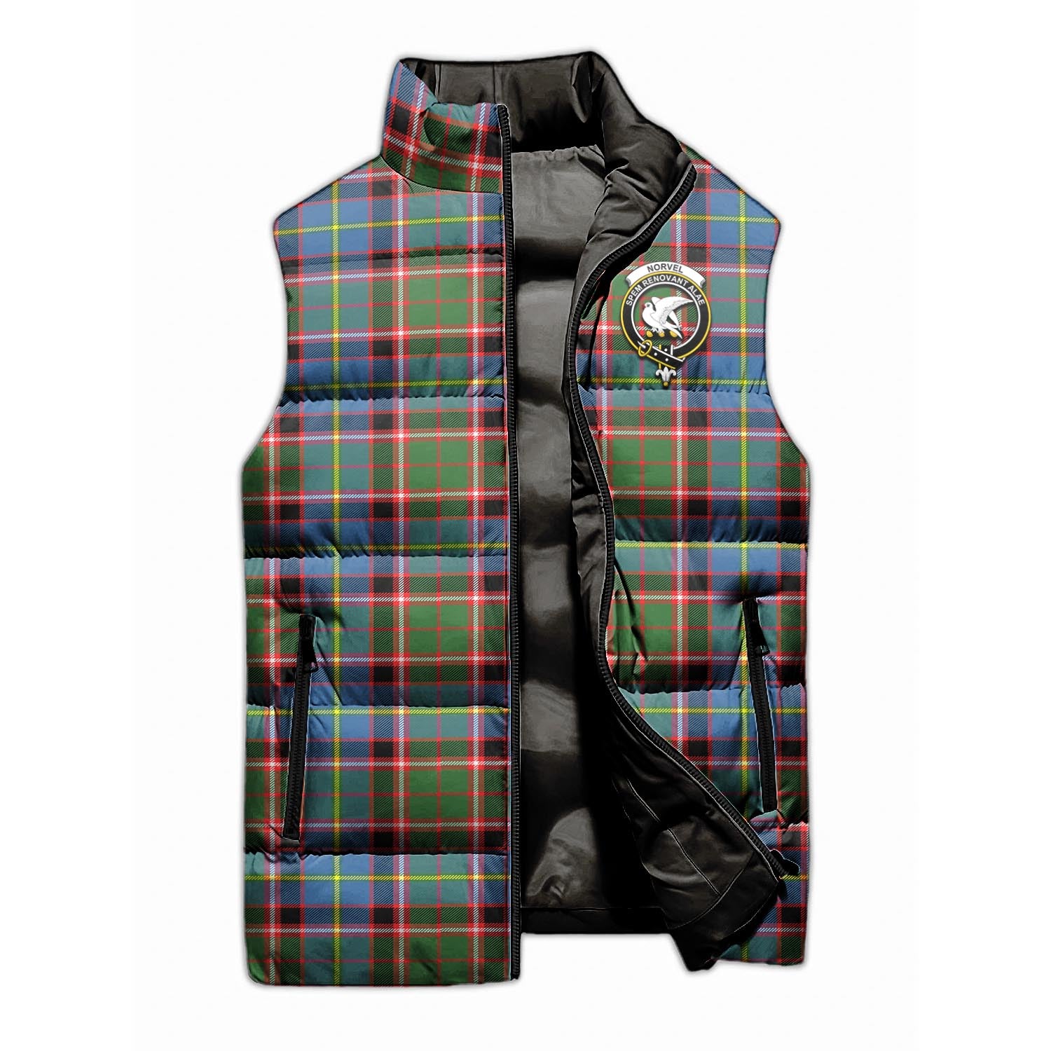 Norvel Tartan Sleeveless Puffer Jacket with Family Crest - Tartanvibesclothing