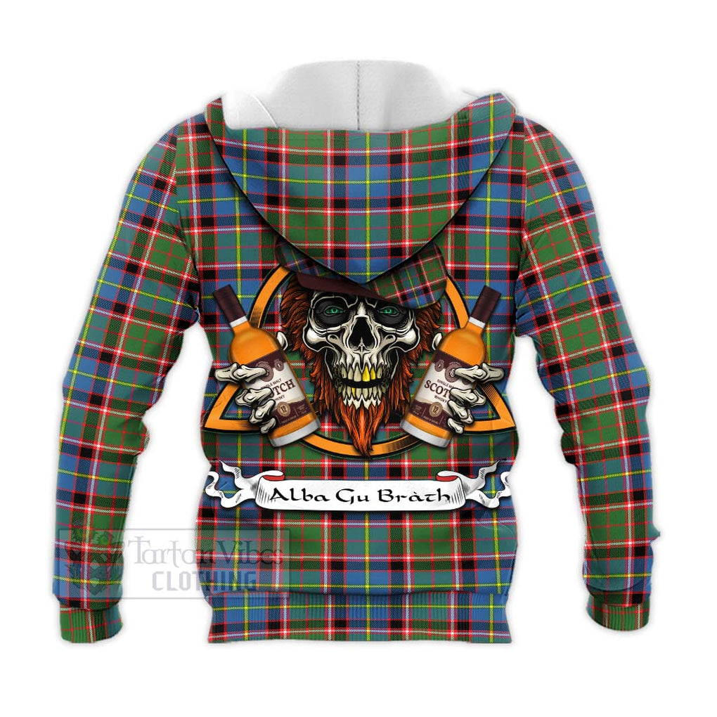 Tartan Vibes Clothing Norvel Tartan Knitted Hoodie with Family Crest and Bearded Skull Holding Bottles of Whiskey