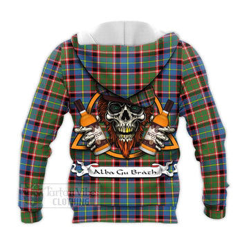 Norvel Tartan Knitted Hoodie with Family Crest and Bearded Skull Holding Bottles of Whiskey