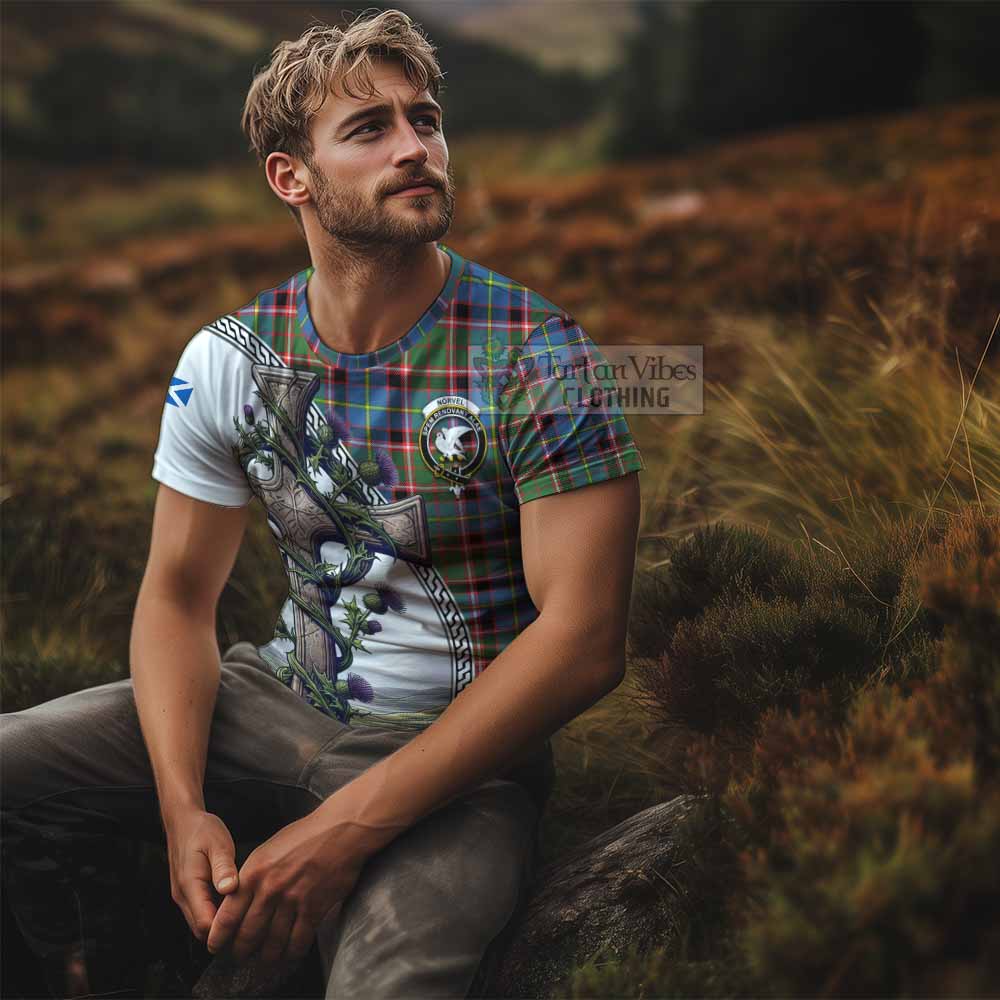 Tartan Vibes Clothing Norvel Agnew Tartan T-Shirt with Family Crest and St. Andrew's Cross Accented by Thistle Vines