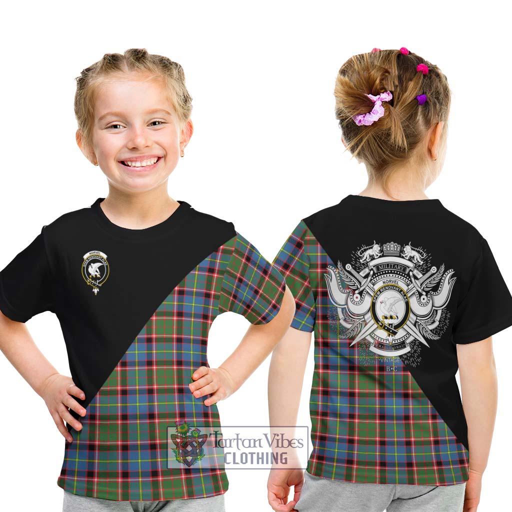 Tartan Vibes Clothing Norvel Tartan Kid T-Shirt with Family Crest and Military Logo Style