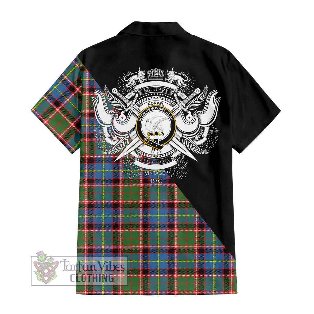 Tartan Vibes Clothing Norvel Tartan Short Sleeve Button Shirt with Family Crest and Military Logo Style