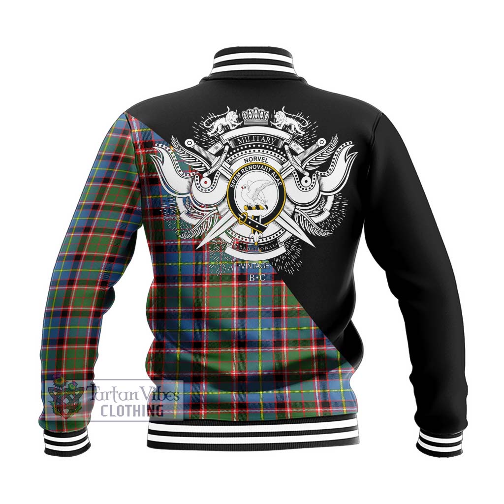 Tartan Vibes Clothing Norvel Tartan Baseball Jacket with Family Crest and Military Logo Style