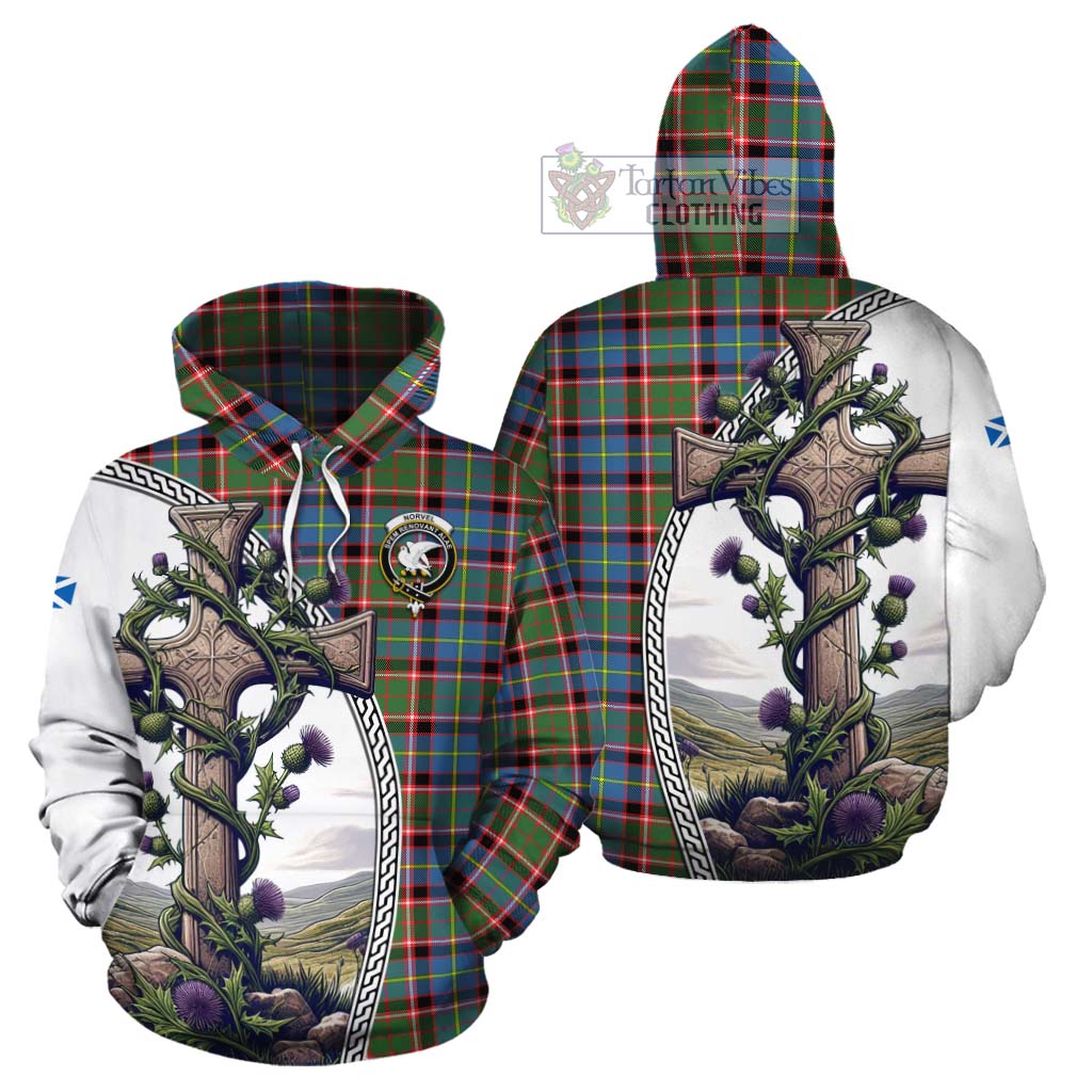 Tartan Vibes Clothing Norvel Tartan Cotton Hoodie with Family Crest and St. Andrew's Cross Accented by Thistle Vines