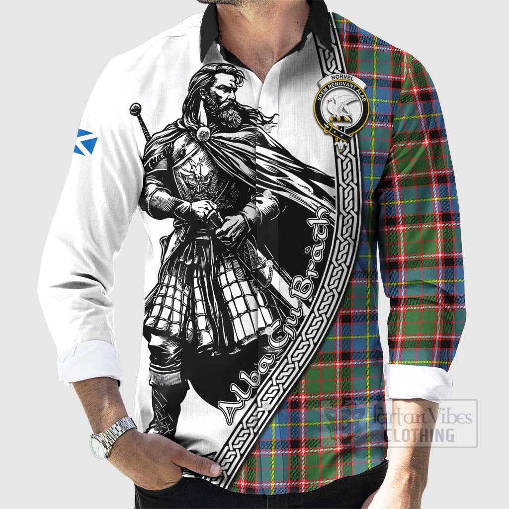 Tartan Vibes Clothing Norvel Tartan Clan Crest Long Sleeve Button Shirt with Highlander Warrior Celtic Style