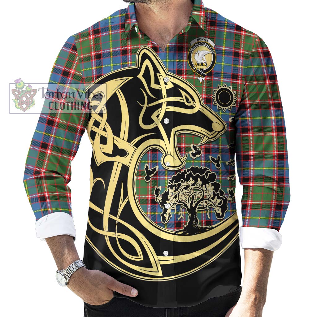 Tartan Vibes Clothing Norvel Tartan Long Sleeve Button Shirt with Family Crest Celtic Wolf Style