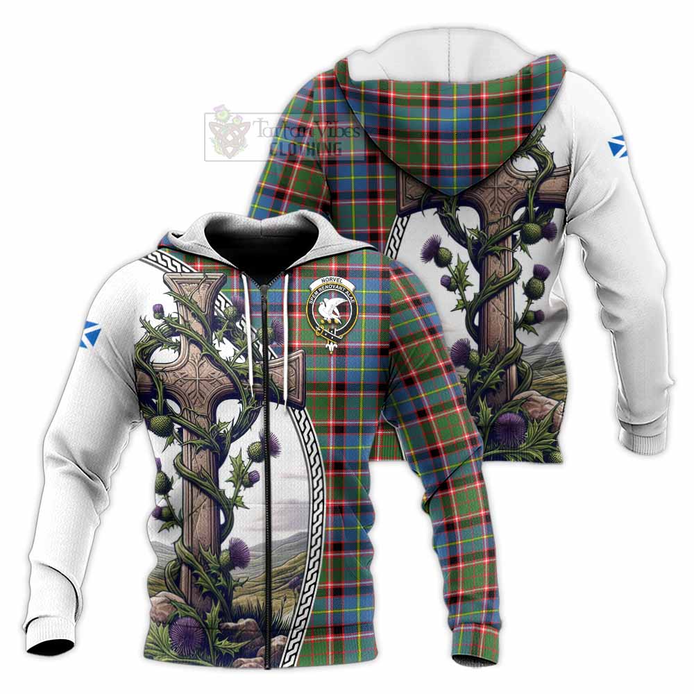 Tartan Vibes Clothing Norvel Tartan Knitted Hoodie with Family Crest and St. Andrew's Cross Accented by Thistle Vines