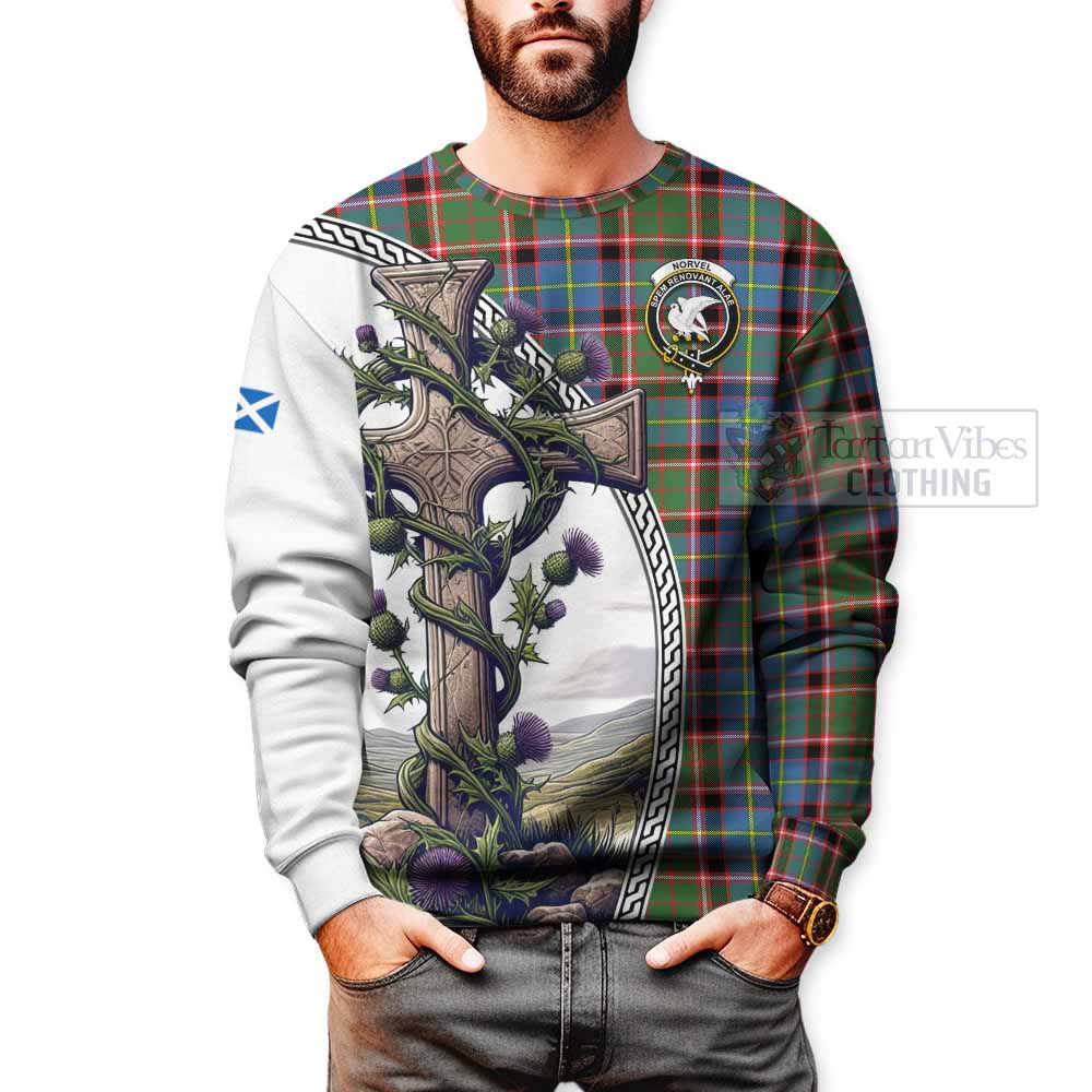 Tartan Vibes Clothing Norvel Tartan Sweatshirt with Family Crest and St. Andrew's Cross Accented by Thistle Vines