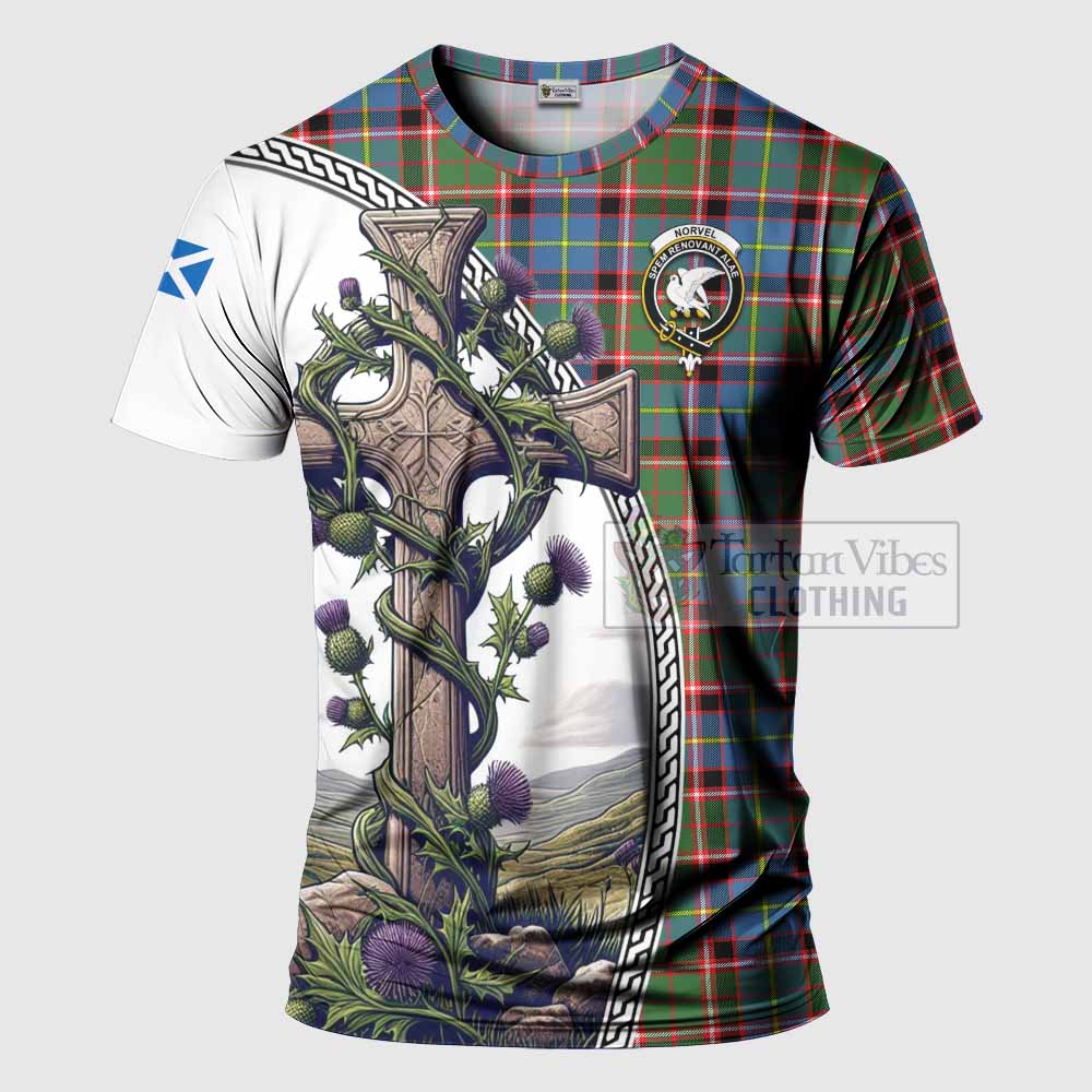 Tartan Vibes Clothing Norvel Agnew Tartan T-Shirt with Family Crest and St. Andrew's Cross Accented by Thistle Vines