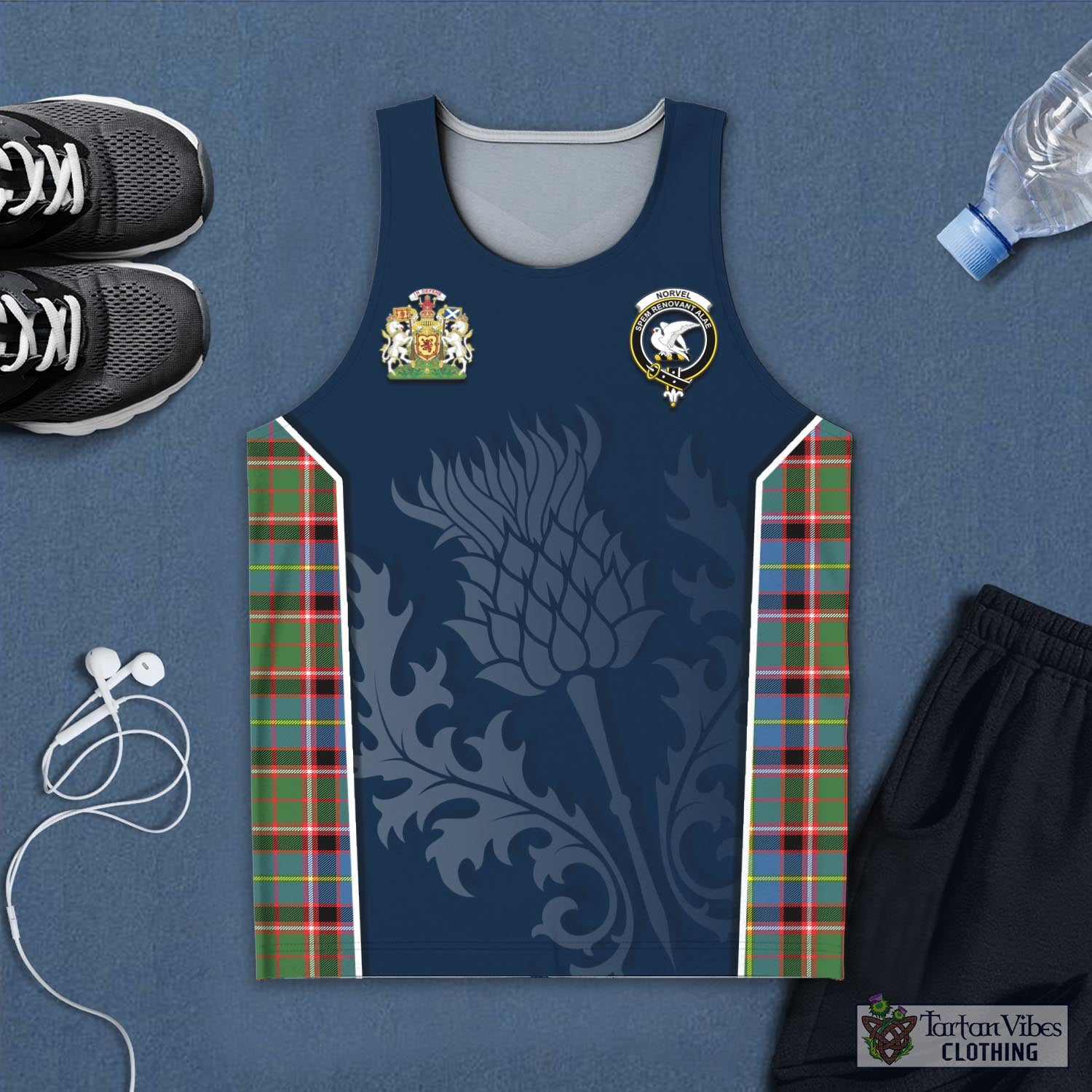 Tartan Vibes Clothing Norvel Tartan Men's Tanks Top with Family Crest and Scottish Thistle Vibes Sport Style
