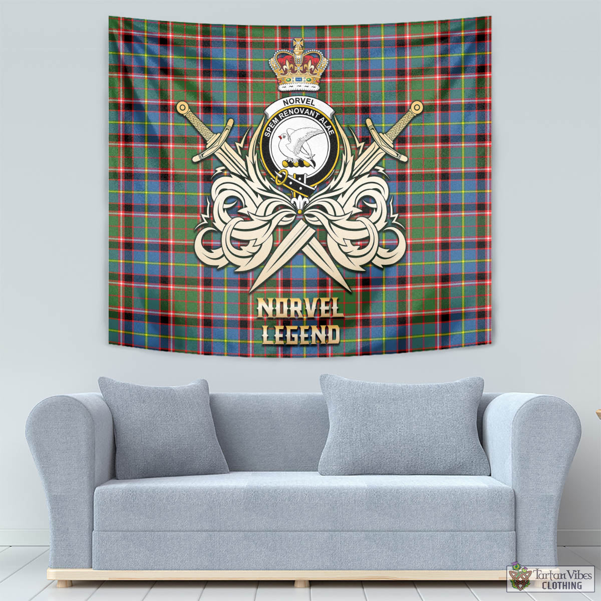 Tartan Vibes Clothing Norvel Tartan Tapestry with Clan Crest and the Golden Sword of Courageous Legacy