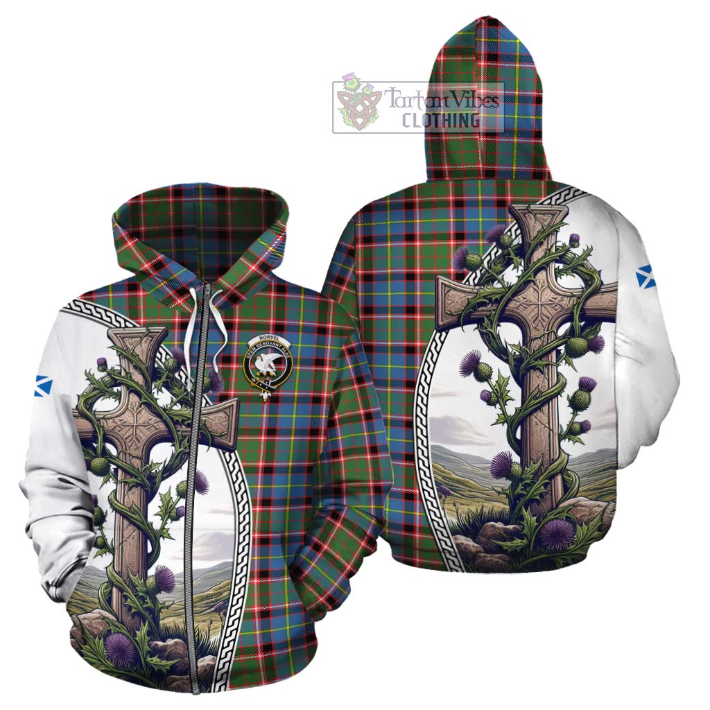 Tartan Vibes Clothing Norvel Tartan Cotton Hoodie with Family Crest and St. Andrew's Cross Accented by Thistle Vines