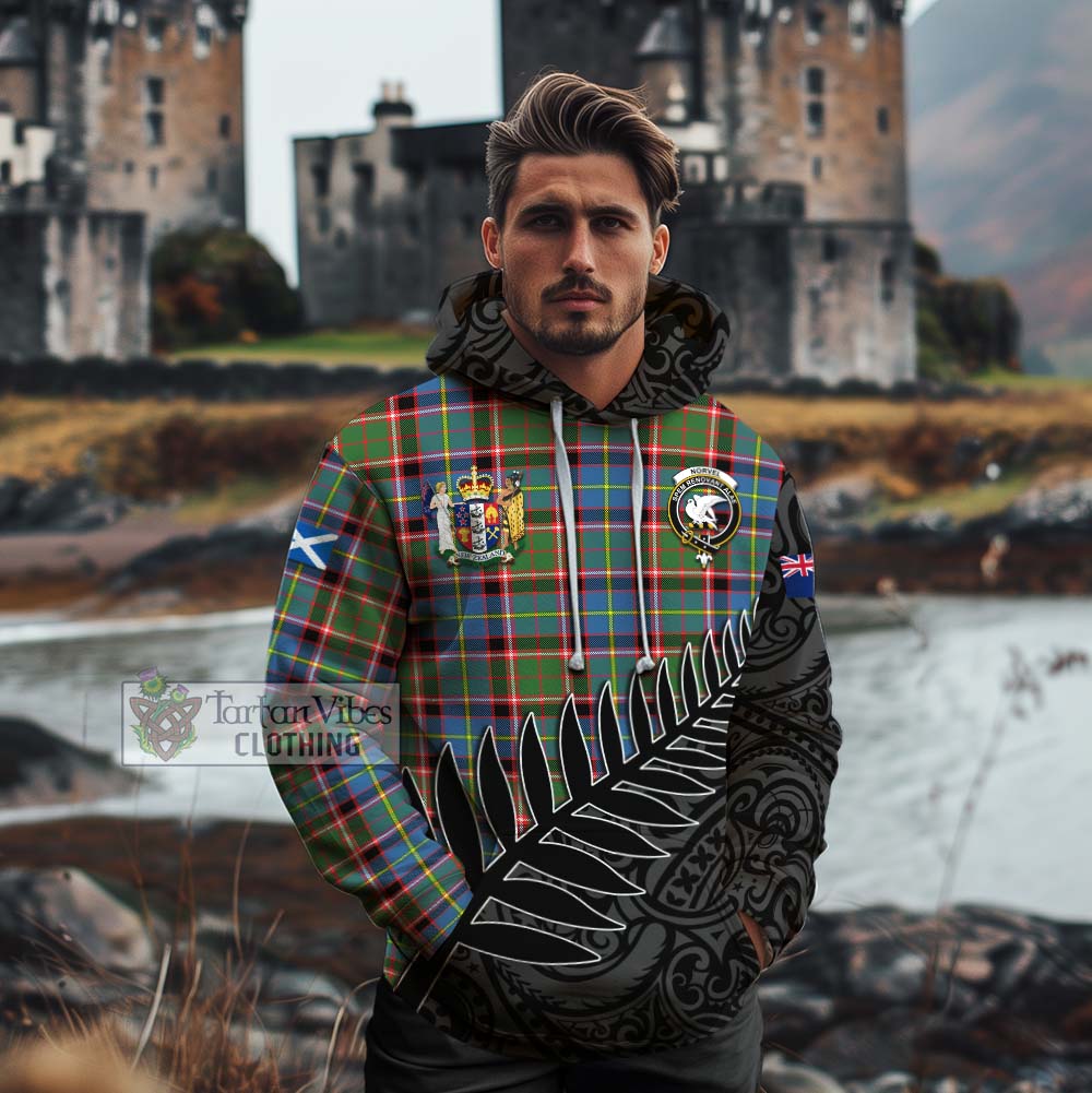 Tartan Vibes Clothing Norvel Crest Tartan Cotton Hoodie with New Zealand Silver Fern Half Style