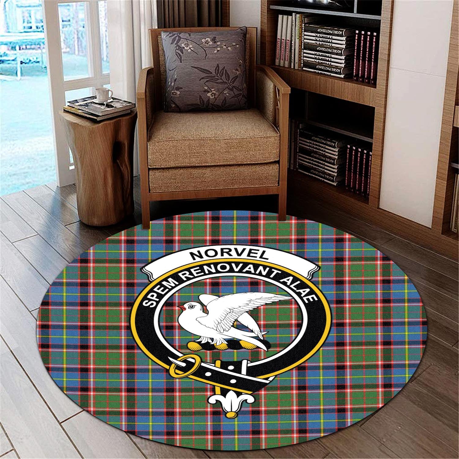 norvel-tartan-round-rug-with-family-crest