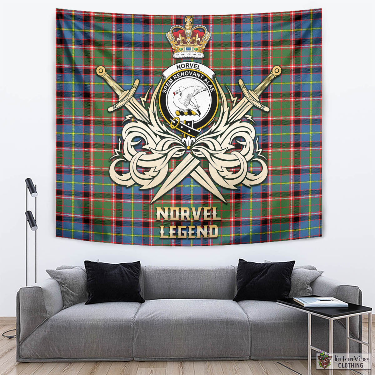 Tartan Vibes Clothing Norvel Tartan Tapestry with Clan Crest and the Golden Sword of Courageous Legacy