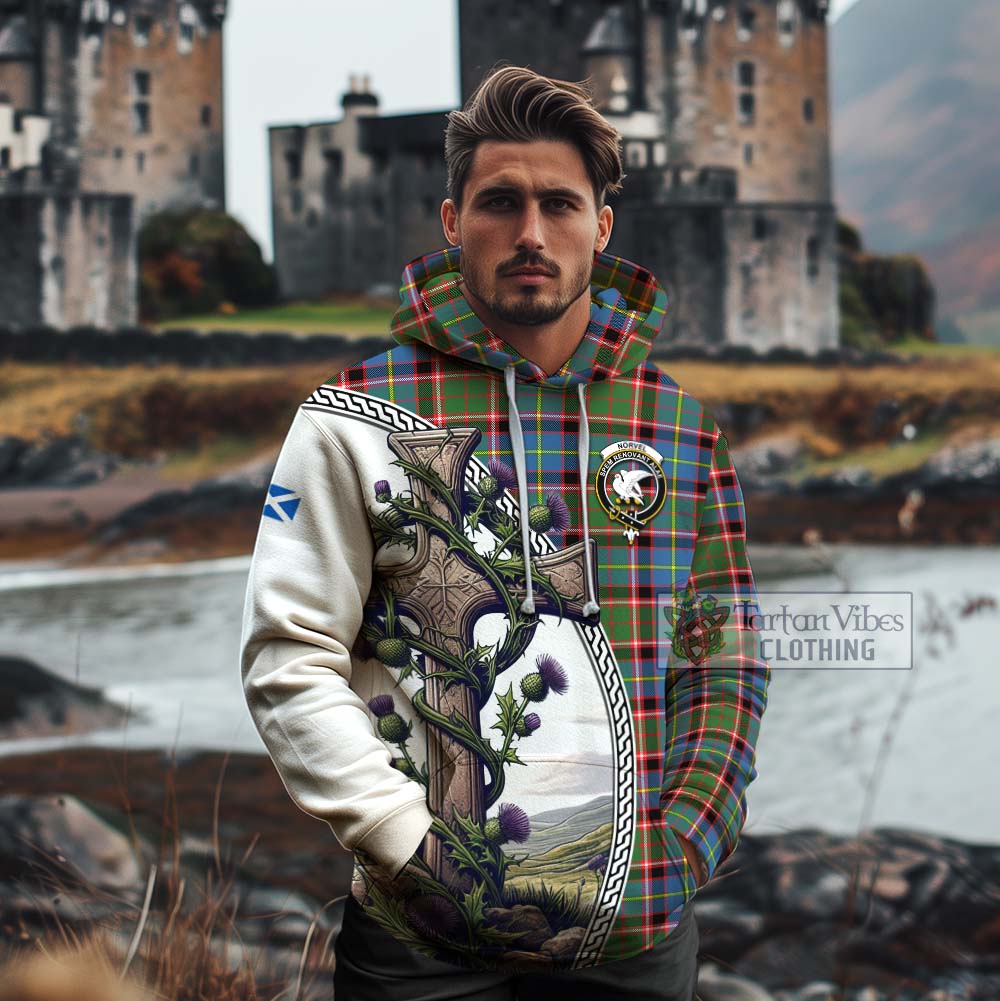 Tartan Vibes Clothing Norvel Tartan Cotton Hoodie with Family Crest and St. Andrew's Cross Accented by Thistle Vines