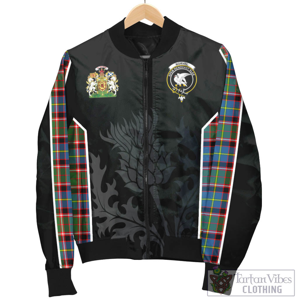 Tartan Vibes Clothing Norvel Tartan Bomber Jacket with Family Crest and Scottish Thistle Vibes Sport Style