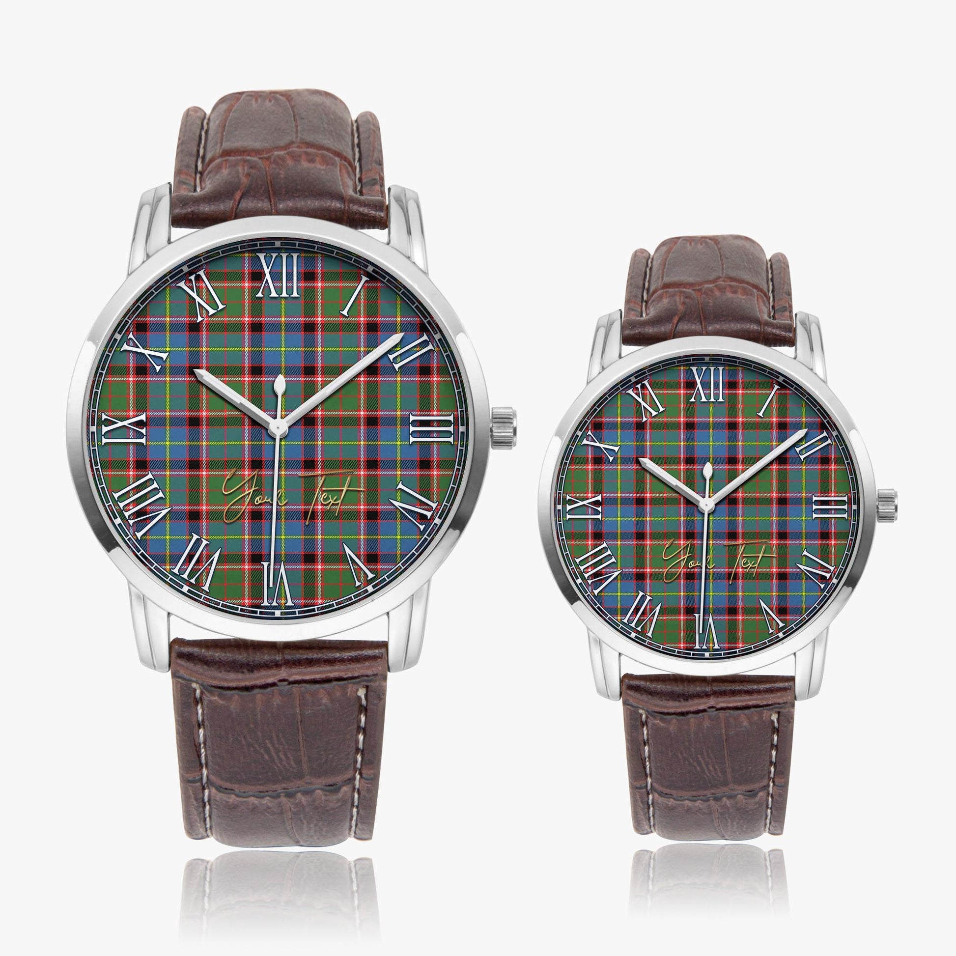 Norvel Tartan Personalized Your Text Leather Trap Quartz Watch Wide Type Silver Case With Brown Leather Strap - Tartanvibesclothing