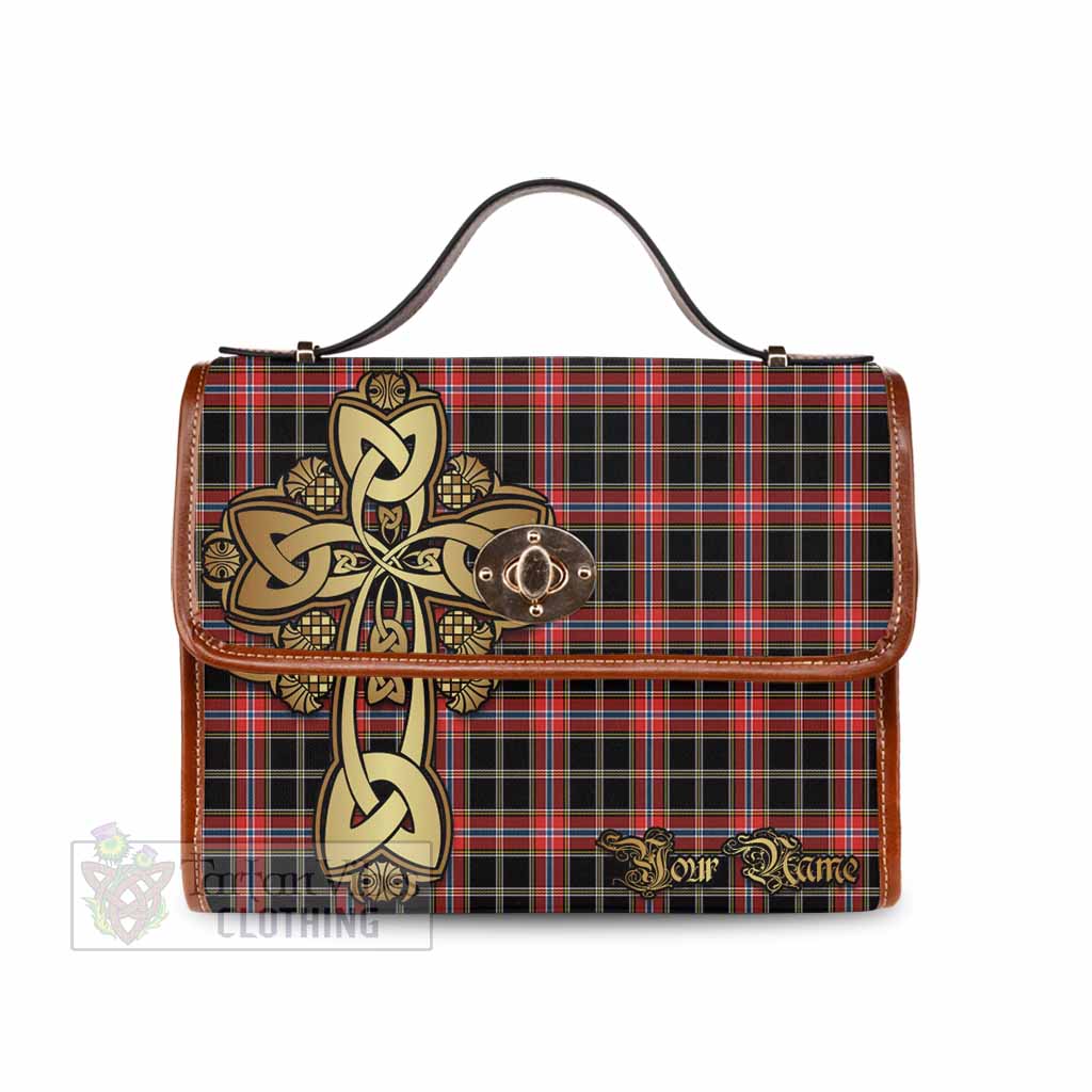Norwegian Tartan Waterproof Canvas Bag Golden Thistle Celtic Cross Style Brown Leather Strap One Size 10.5*20*27cm - Tartan Vibes Clothing