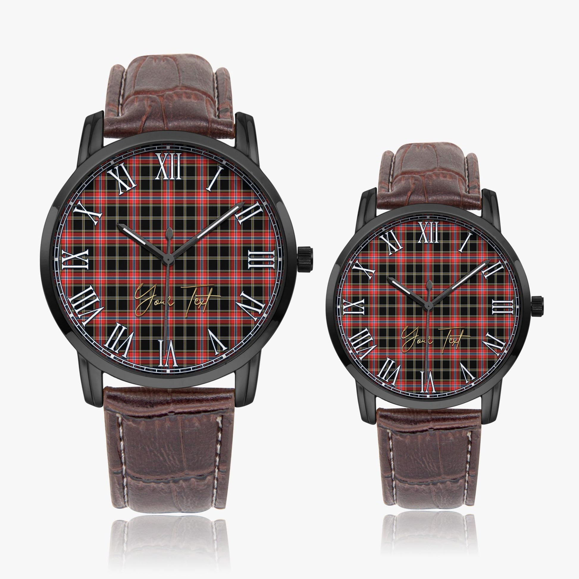 Norwegian Night Tartan Personalized Your Text Leather Trap Quartz Watch Wide Type Black Case With Brown Leather Strap - Tartanvibesclothing