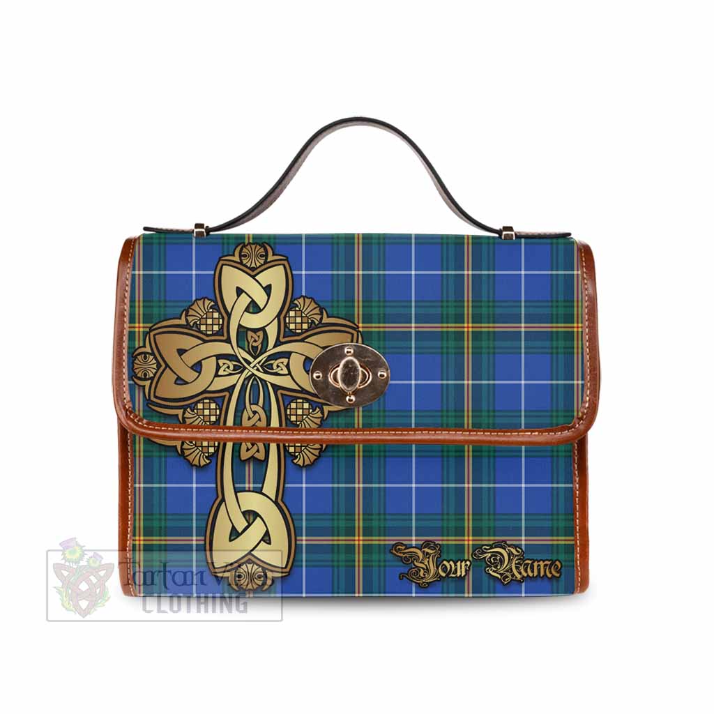 Tartan Vibes Clothing Nova Scotia Province Canada Tartan Waterproof Canvas Bag Golden Thistle Celtic Cross Style