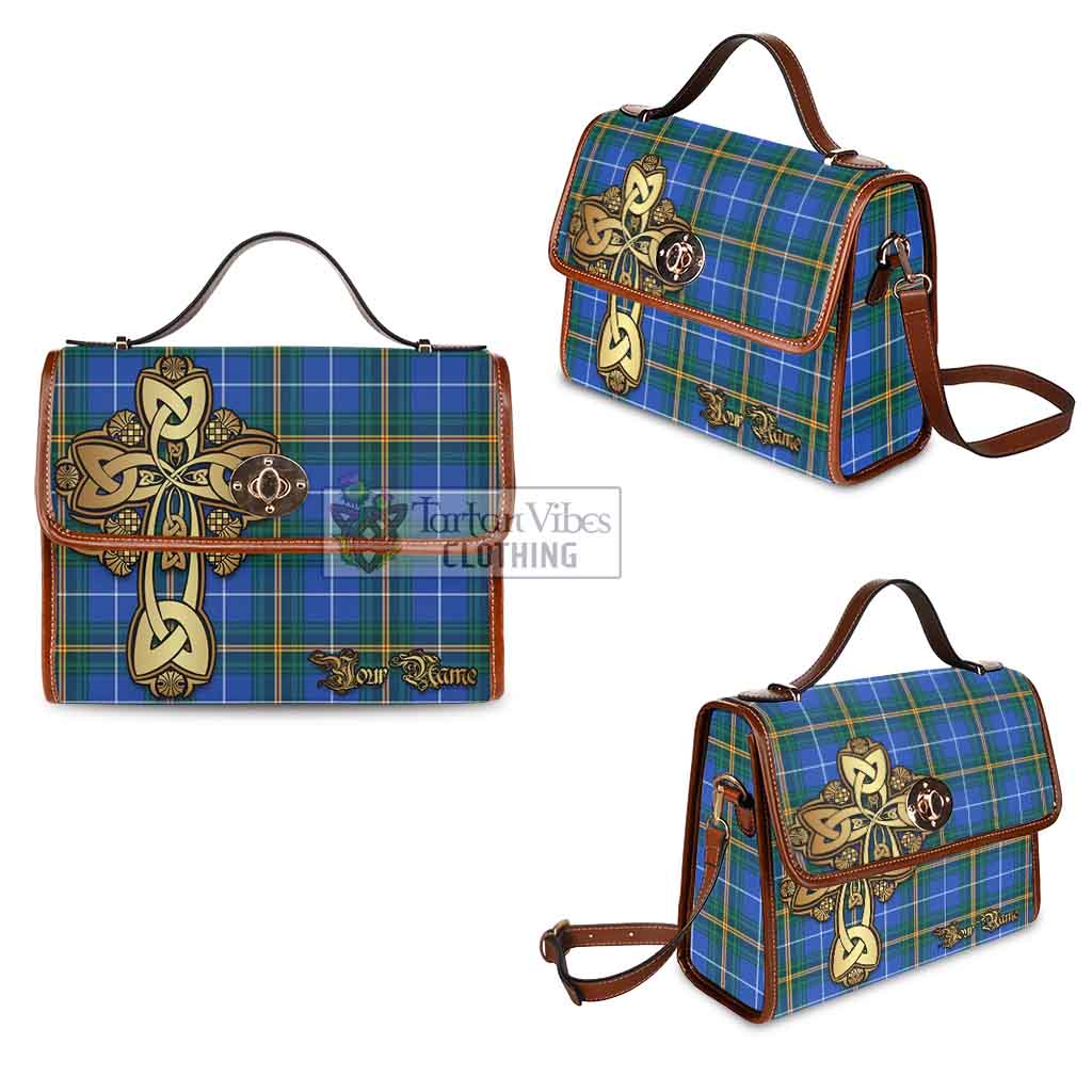 Tartan Vibes Clothing Nova Scotia Province Canada Tartan Waterproof Canvas Bag Golden Thistle Celtic Cross Style