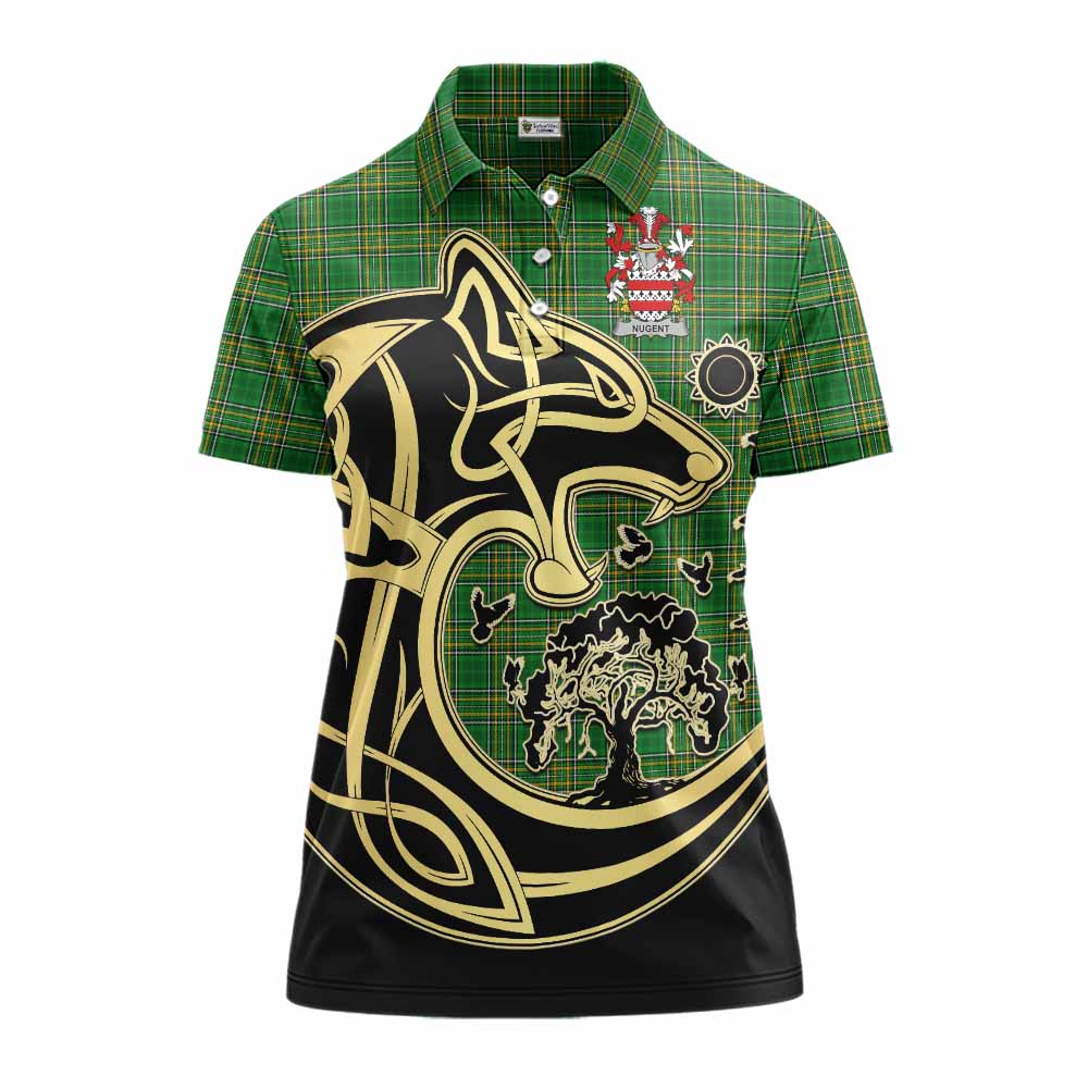 Nugent Irish Tartan Women's Polo Shirt with Coat of Arms Celtic Wolf Style Women - Tartan Vibes Clothing
