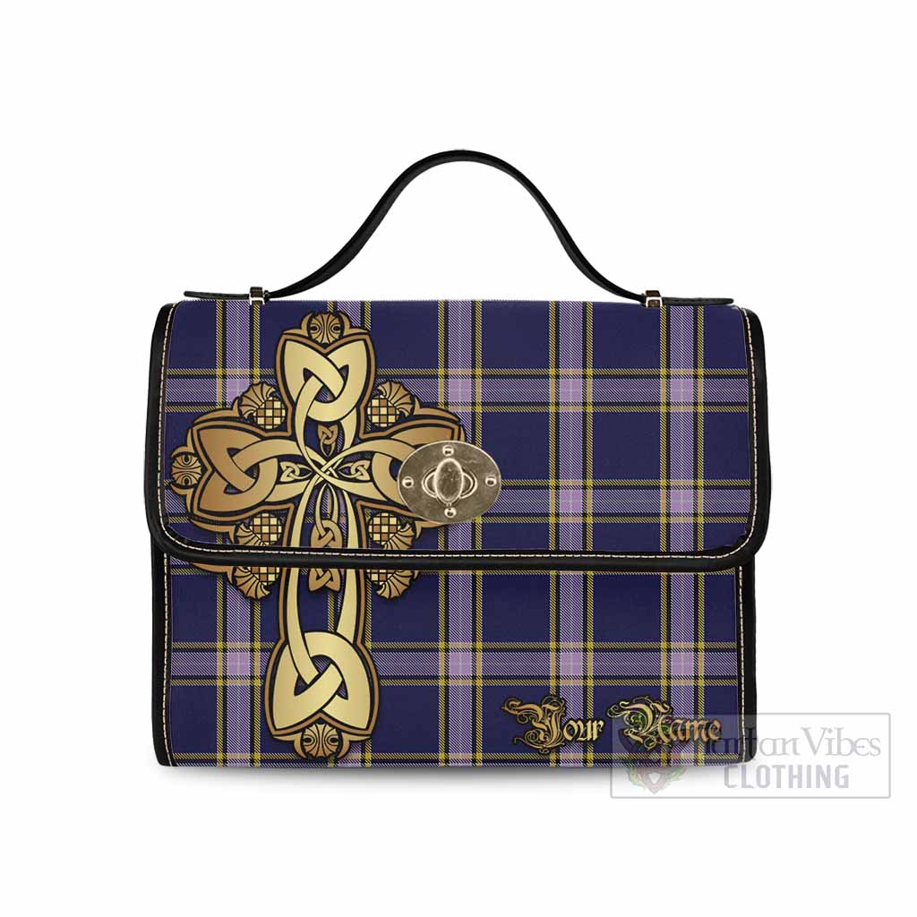 Tartan Vibes Clothing Nunavut Territory Canada Tartan Waterproof Canvas Bag Golden Thistle Celtic Cross Style