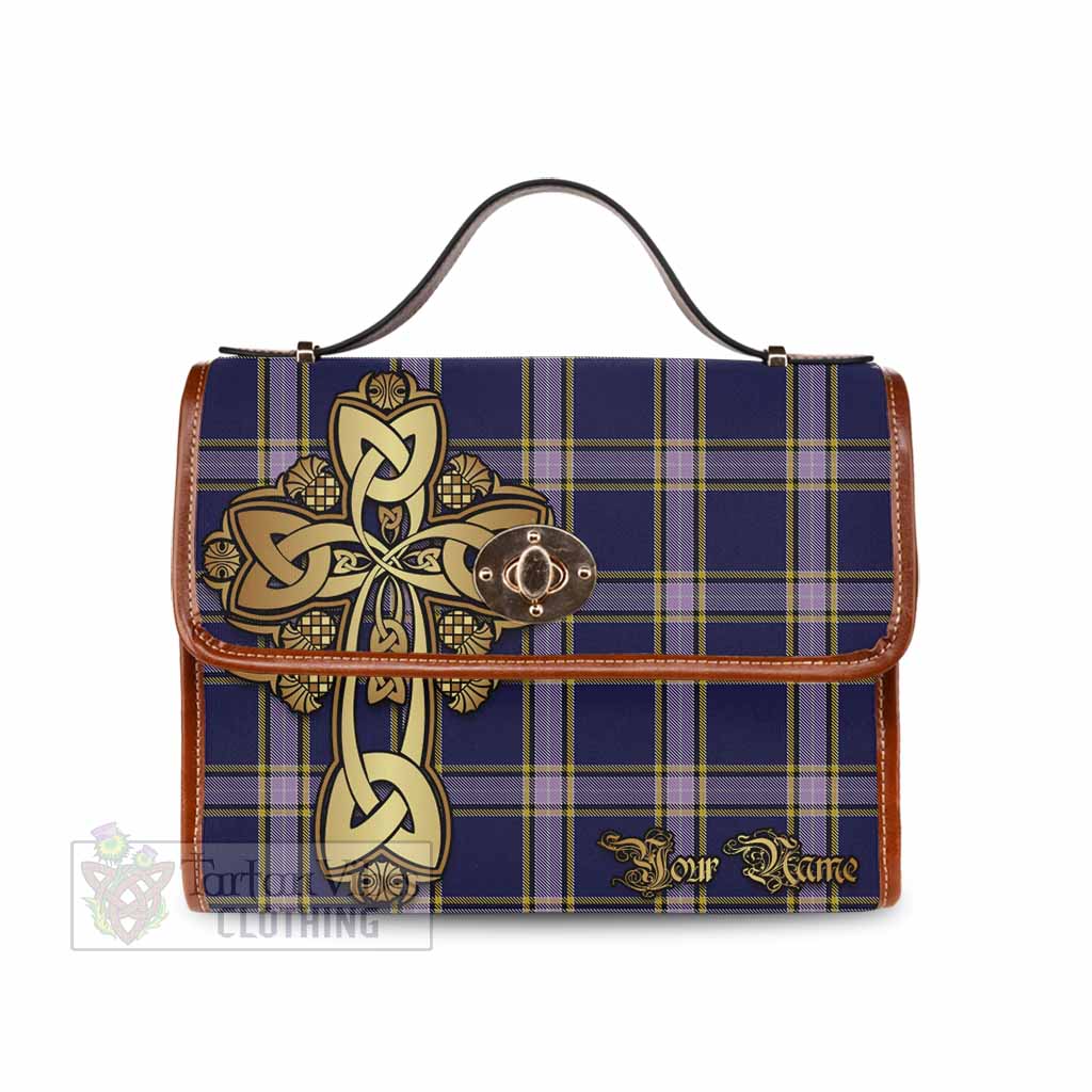 Tartan Vibes Clothing Nunavut Territory Canada Tartan Waterproof Canvas Bag Golden Thistle Celtic Cross Style