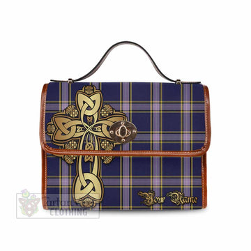 Nunavut Territory Canada Tartan Waterproof Canvas Bag Golden Thistle Celtic Cross Style