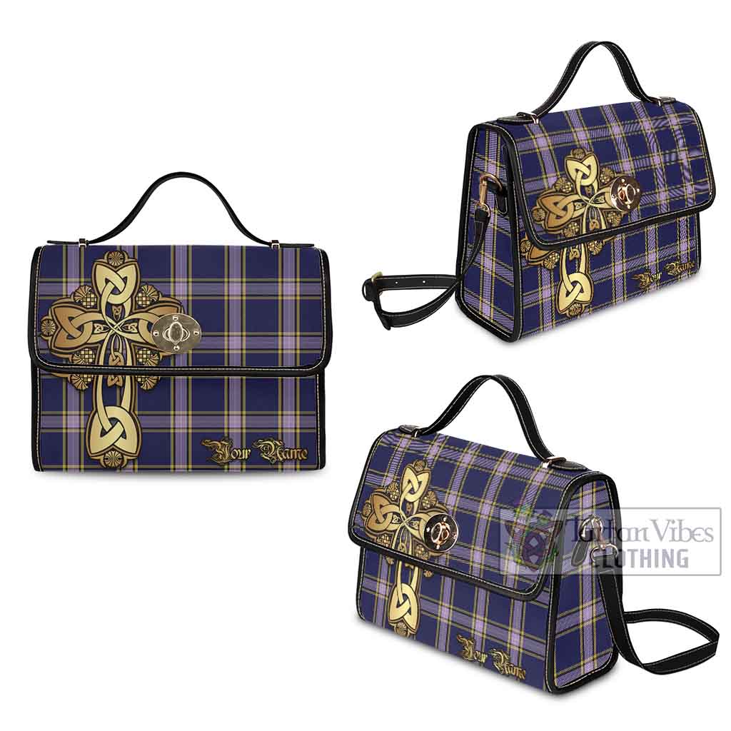 Tartan Vibes Clothing Nunavut Territory Canada Tartan Waterproof Canvas Bag Golden Thistle Celtic Cross Style