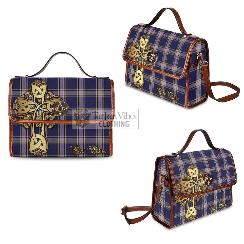 Tartan Vibes Clothing Nunavut Territory Canada Tartan Waterproof Canvas Bag Golden Thistle Celtic Cross Style