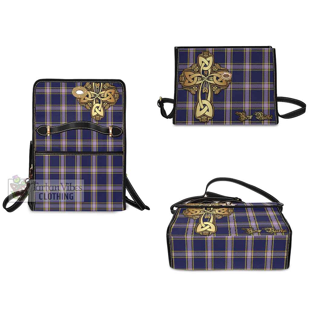 Tartan Vibes Clothing Nunavut Territory Canada Tartan Waterproof Canvas Bag Golden Thistle Celtic Cross Style