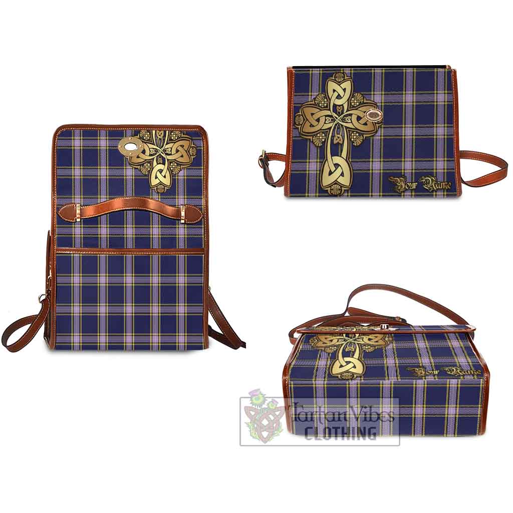 Tartan Vibes Clothing Nunavut Territory Canada Tartan Waterproof Canvas Bag Golden Thistle Celtic Cross Style