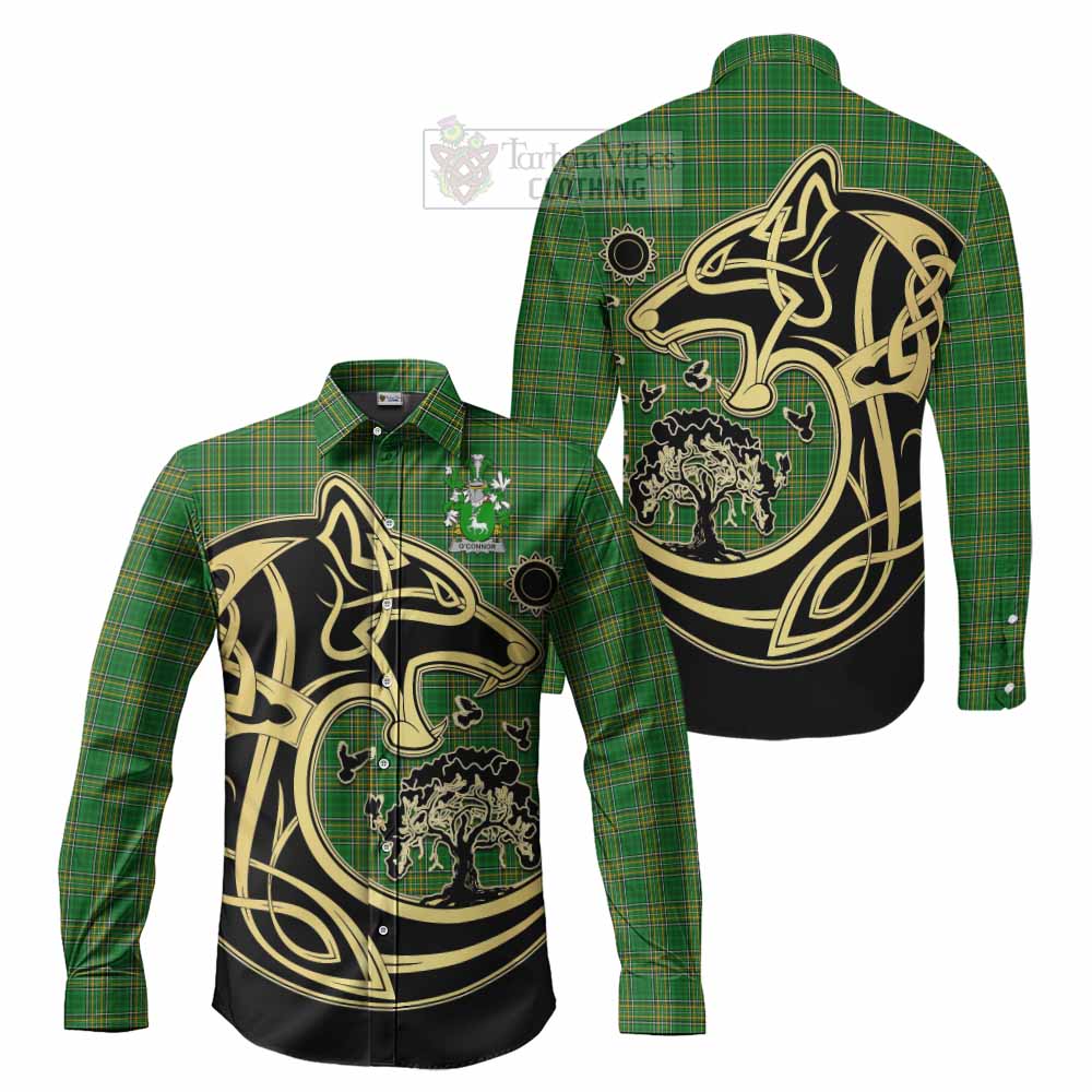 O'Connor Irish Tartan Long Sleeve Button Shirt with Coat of Arms Celtic Wolf Style - Tartan Vibes Clothing