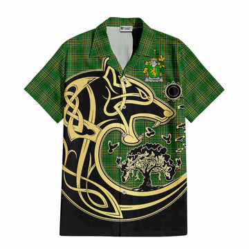 O_Connor (Kerry) Irish Tartan Short Sleeve Button Shirt with Coat of Arms Celtic Wolf Style