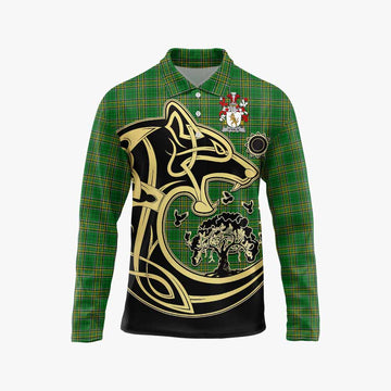 O'Halie Irish Tartan Long Sleeve Polo Shirt with Coat of Arms Celtic Wolf Style Unisex - Tartan Vibes Clothing