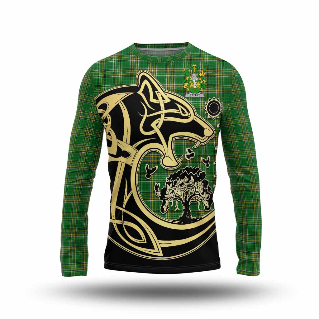 O'Reilly Irish Tartan Long Sleeve T-Shirt with Coat of Arms Celtic Wolf Style Unisex - Tartan Vibes Clothing